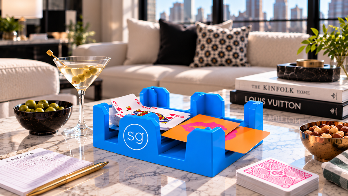 Personalized blue Canasta spinner in lifestyle setting