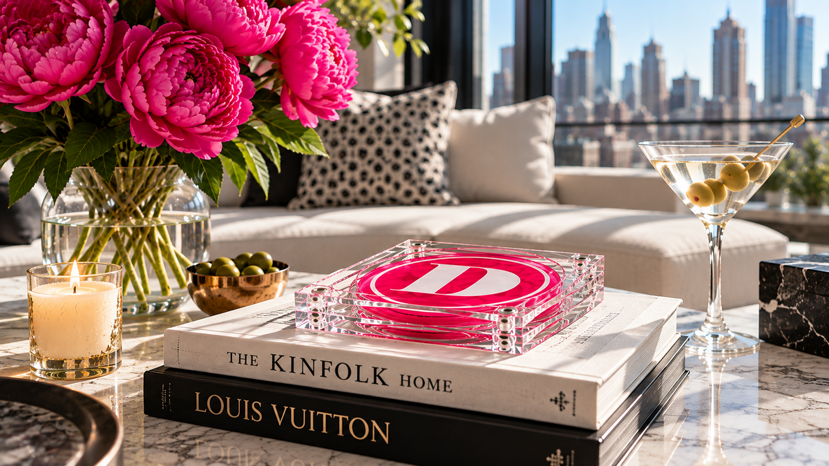 Pink D acrylic coasters lifestyle hero